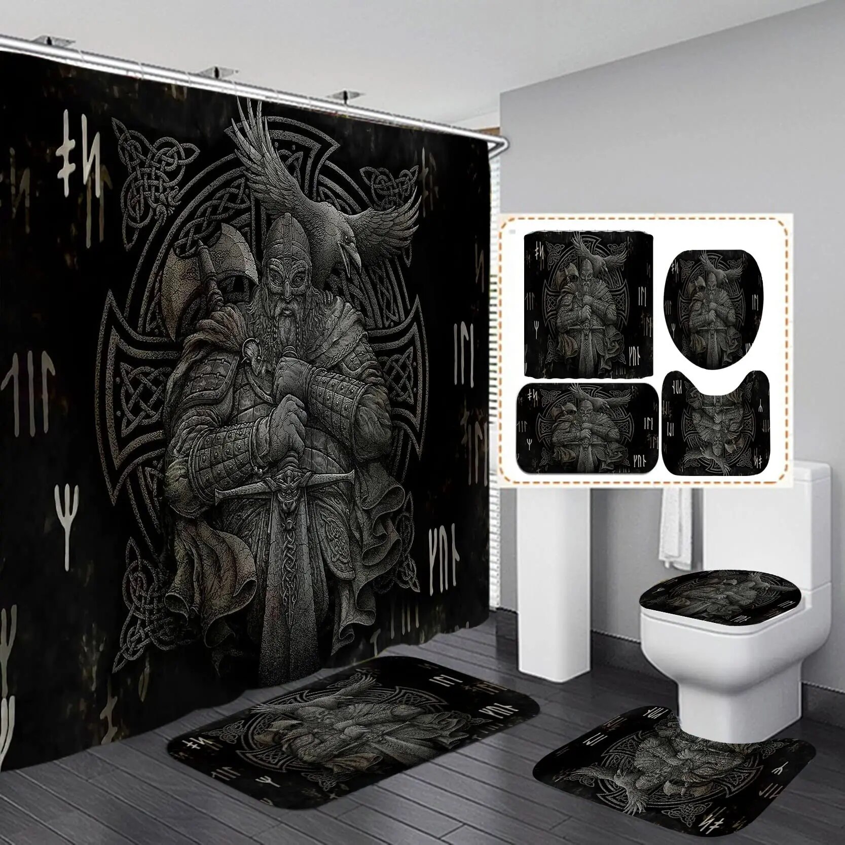 Viking Bathroom Shower Curtain Set Ancient Scandinavian Vegvisir Tree
