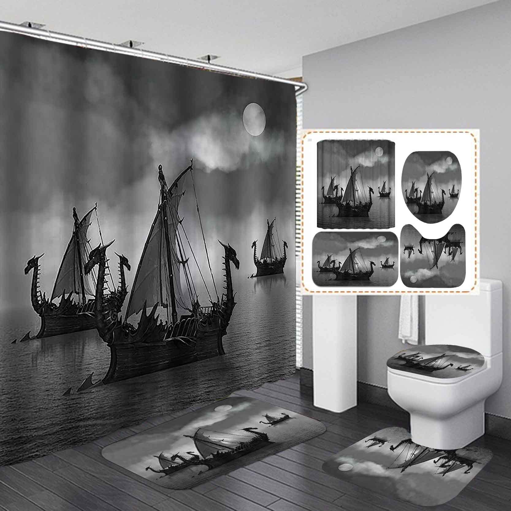 Viking Bathroom Shower Curtain Set Ancient Scandinavian Vegvisir Tree