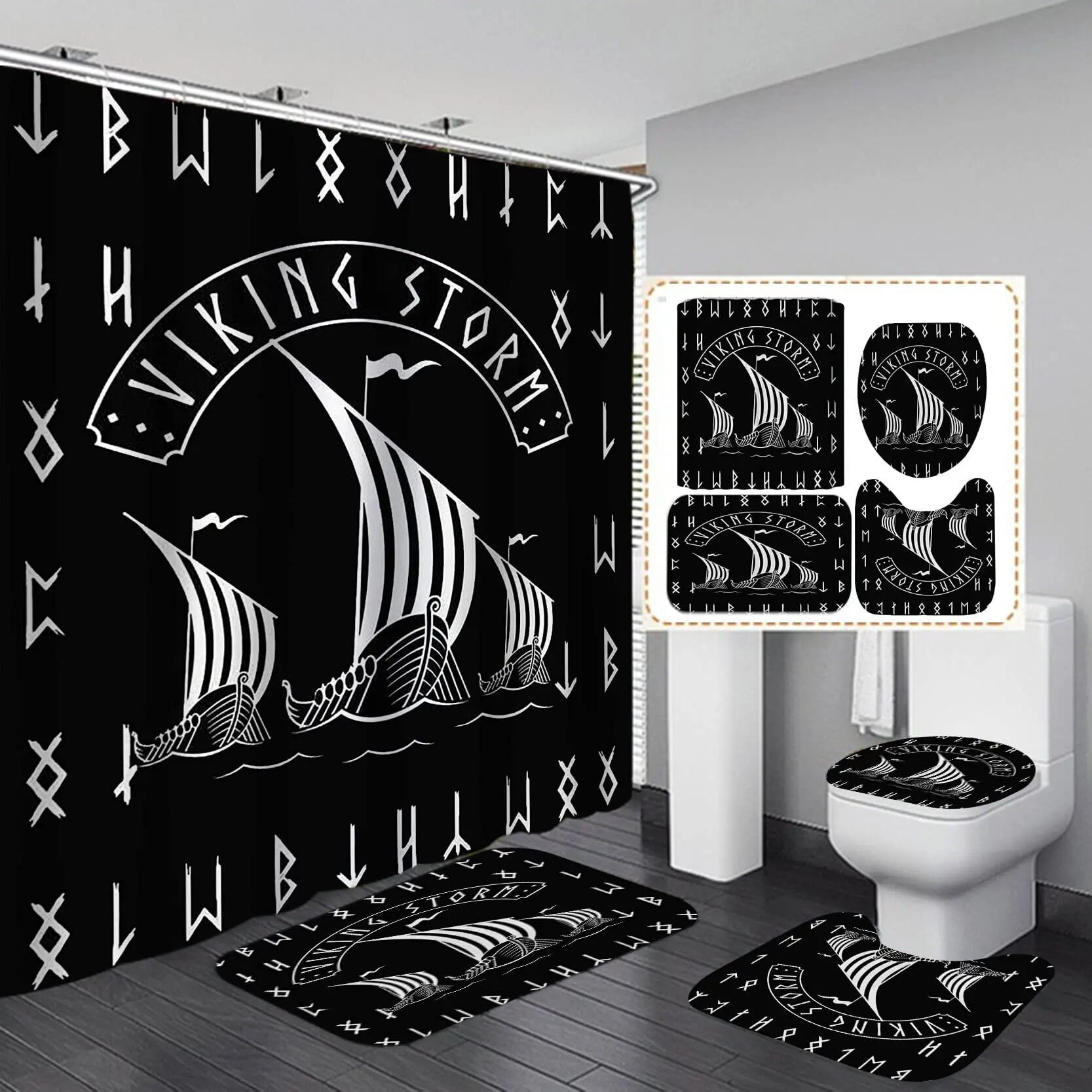 Viking Bathroom Shower Curtain Set Ancient Scandinavian Vegvisir Tree