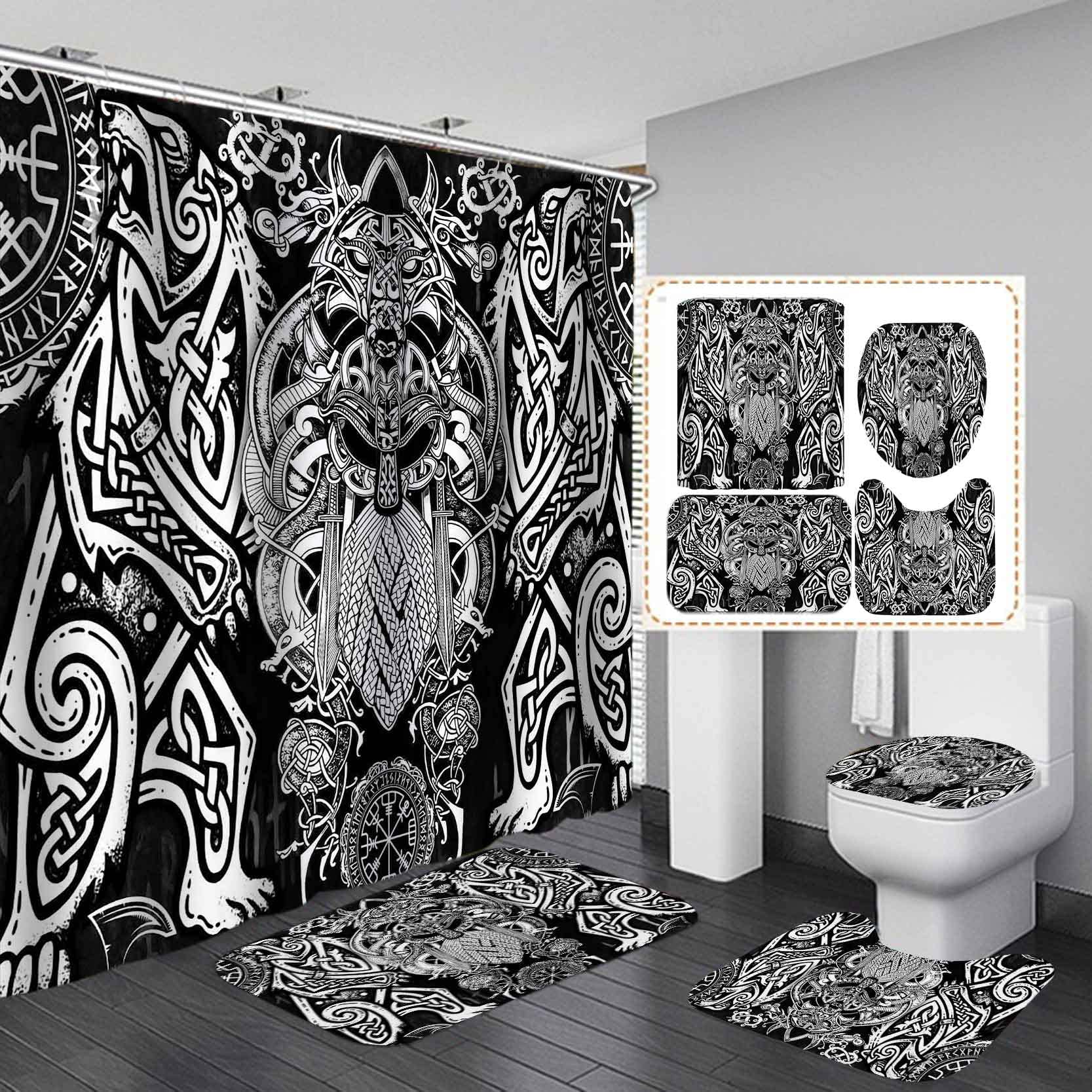 Viking Bathroom Shower Curtain Set Ancient Scandinavian Vegvisir Tree