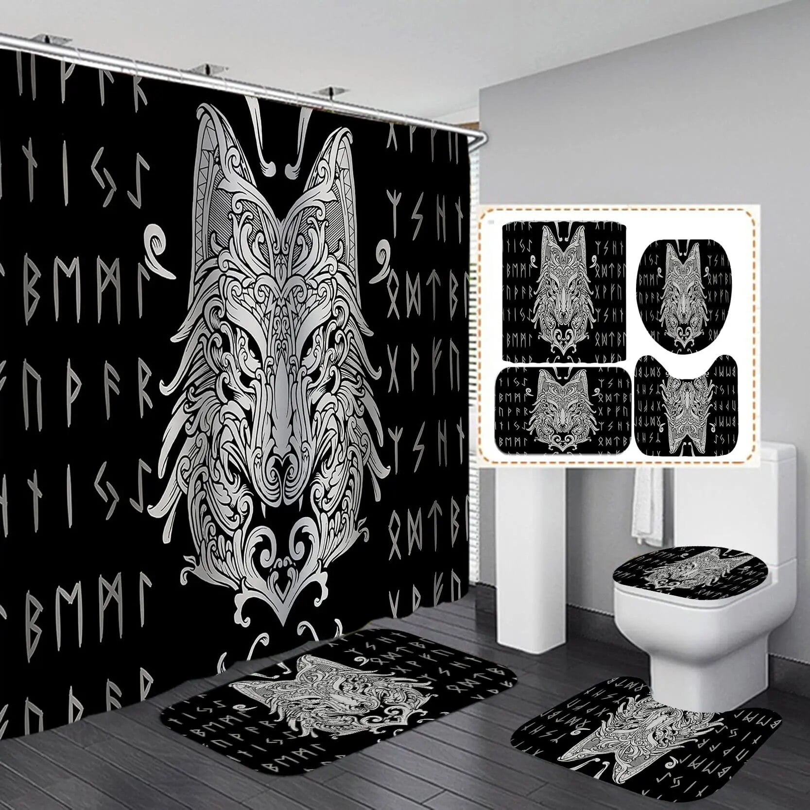 Viking Bathroom Shower Curtain Set Ancient Scandinavian Vegvisir Tree