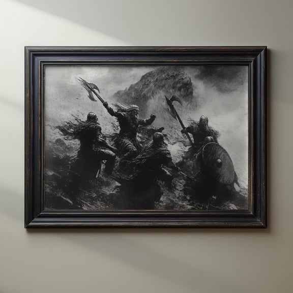 Viking Battle Wall Art Print, Black And White Nordic Warriors And Norse History Decor