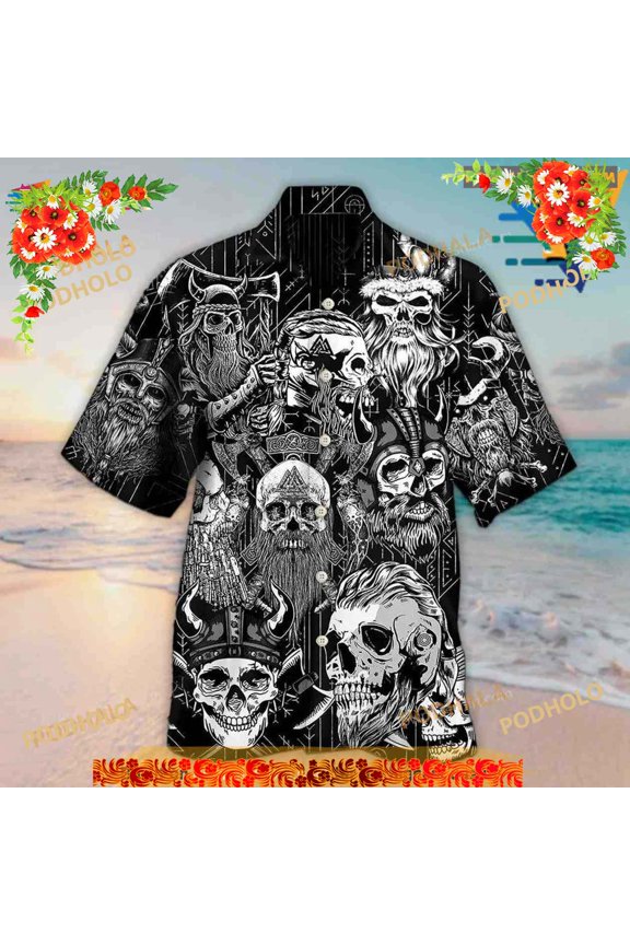 Viking Beard Warrior Skull With Crossed Axes Hawaiian Shirt