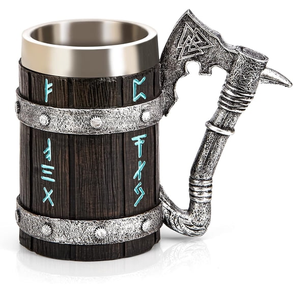 Viking Beer Mug 20oz Stinless Steel Double Wll Hevy Mug, Hnd-Crved Ok with Norse Runes, xe Hndle Tnkrd Gifts for Men Medievl Drinking Cup, Cool Stein Home Br Decor