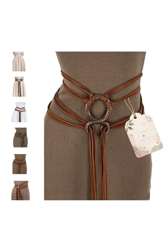 Viking Belt PU Leather Braided Straps - Women Extra Long Waist Cinch & Tassel Accent for Ren Faire Costume & Cosplay, Self Knotted