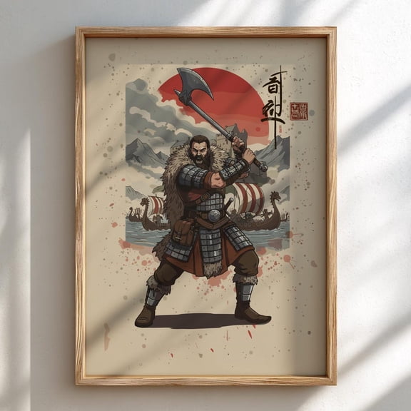 Viking Berserker Japanese Ink Art Print Sumi-e Rising Sun Poster Mixed Media Warrior Decor