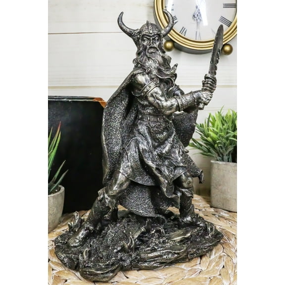 Viking Berserker Warrior With Bull Horn Helmet Wielding Sword Statue 10"H
