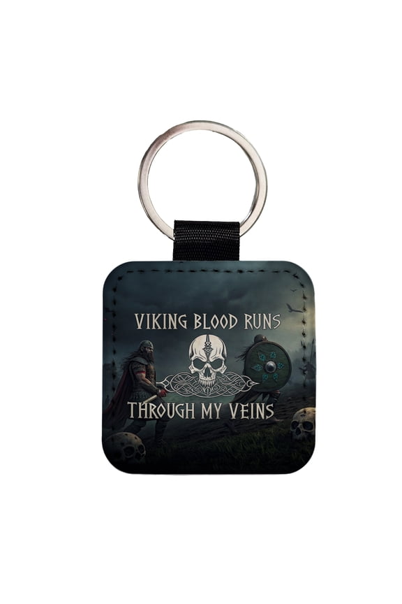 Viking Blood Runs Through My Veins Norse Scandinavian Faux Leather Square Keychain