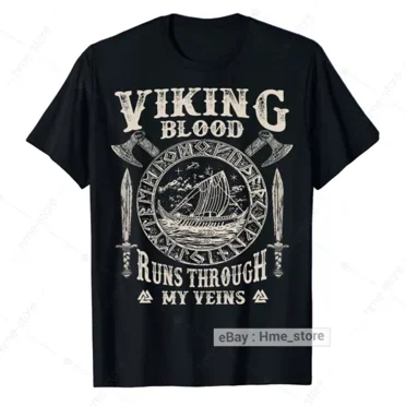 Viking Blood Runs Through My Veins T-Shirt – Norse Valhalla Odin Symbol, Men's Size S