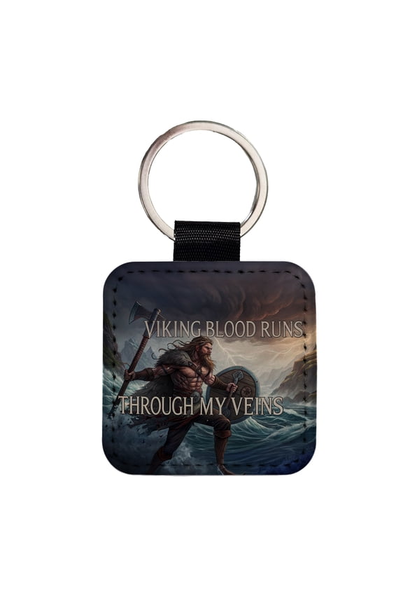 Viking Blood Runs Through My Veins Scandinavian Norse Warrior Faux Leather Square Keychain