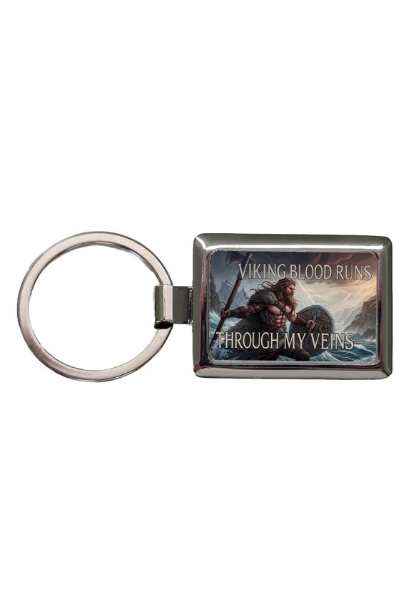 Viking Blood Runs Through My Veins Scandinavian Norse Warrior Metal Rectangle Keychain