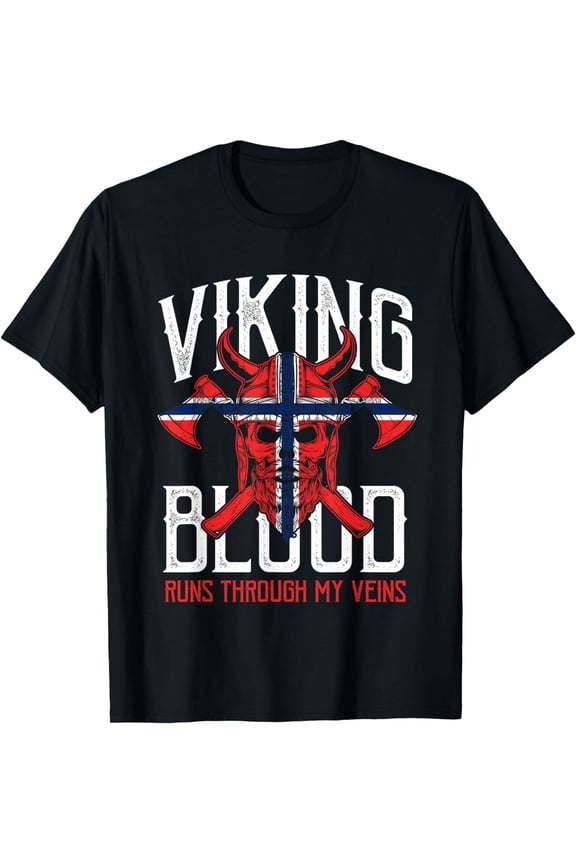 Viking Blood Skull Norwegian Flag Pride Norway T-Shirt