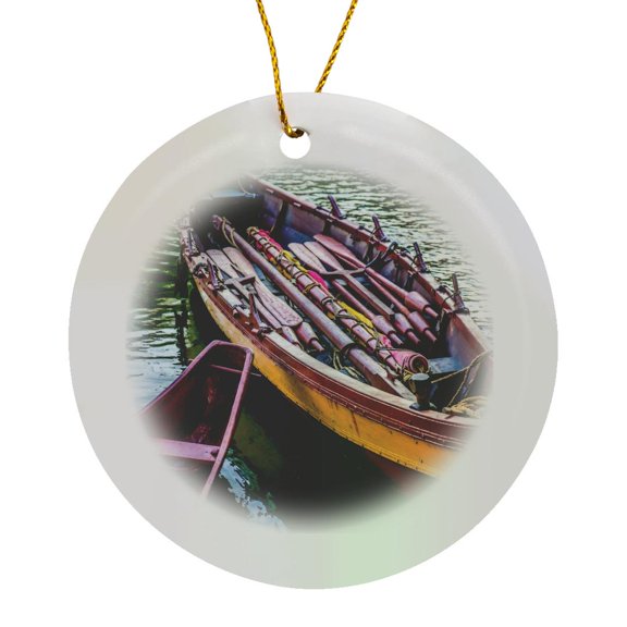 3drose, Viking Boat and Sailboat. a Digital Painting of an Ancient Vessels, Circle Porcelain Ornament