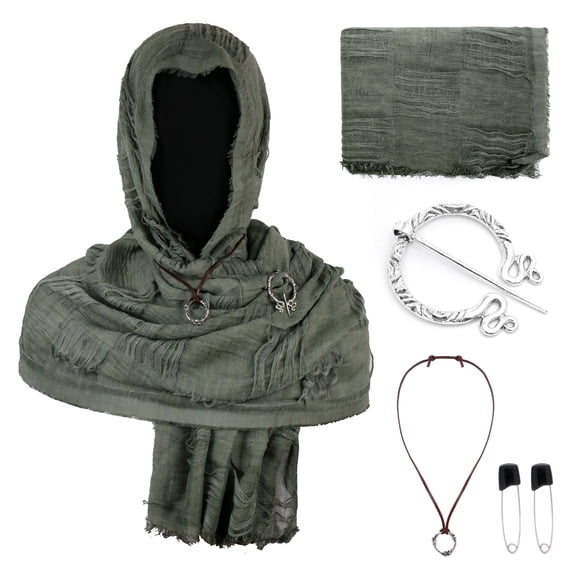 Viking Brooch Cosplay Accessory, Tattered Medieval Hooded Scarf With Viking Brooch, Distressed Renaissance Cosplay Shawl Head Wrap Accessory for Halloween Warrior Larp Party, Mint Green One Size