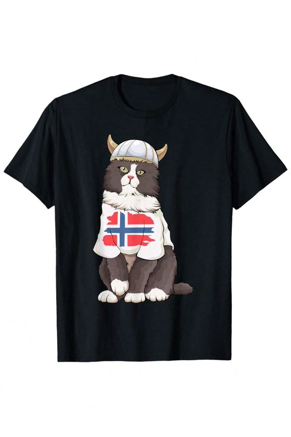 Viking Cat Norwegian Flag Humor T Shirt Black Short Sleeve Cotton Crew Neck Tee For Cat Lovers Comfortable Casual Wear Available In All Sizes