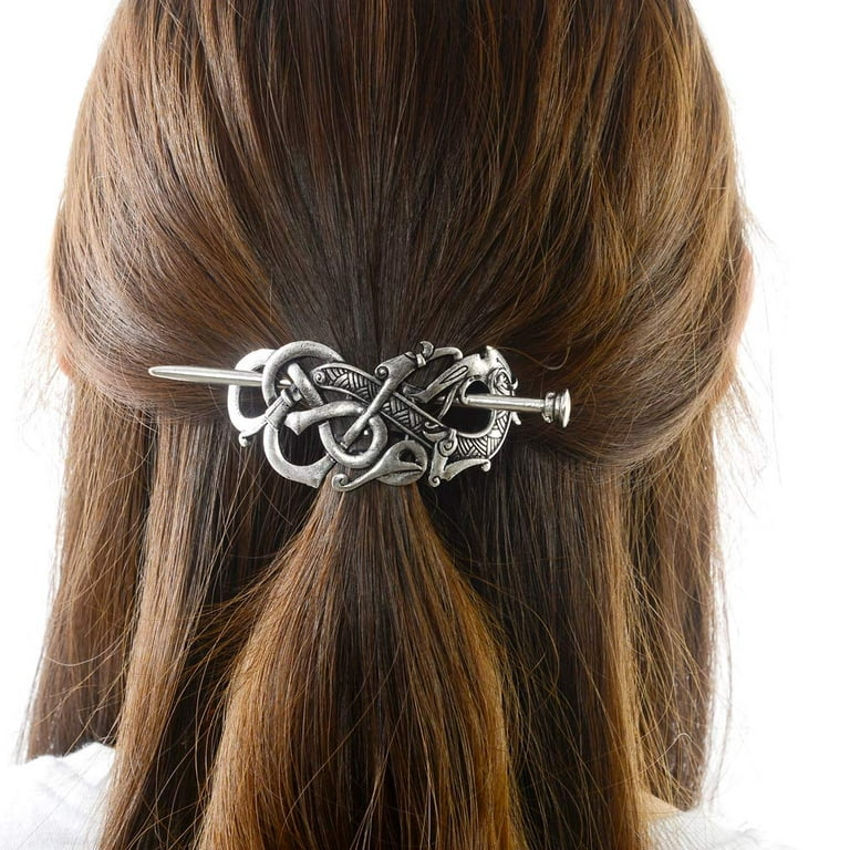 Idavallen Viking Celtic Hair Slide Hairpins- Viking Hair Accessories Celtic Knot Hair Barrettes Antique Silver Hair Sticks Irish Hair Decor for Long
