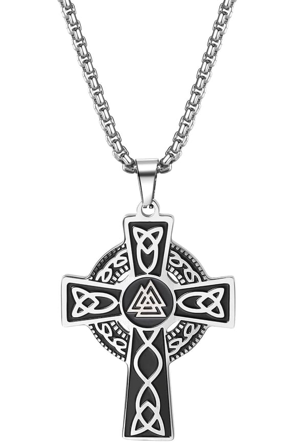 Viking Celtic Knot Cross Necklace: Norse Odin Triangle Knot Amulet Pendant Stainless Steel Men's Necklace Nordic Pagan Jewelry For Men Women Chain Length 23.6"