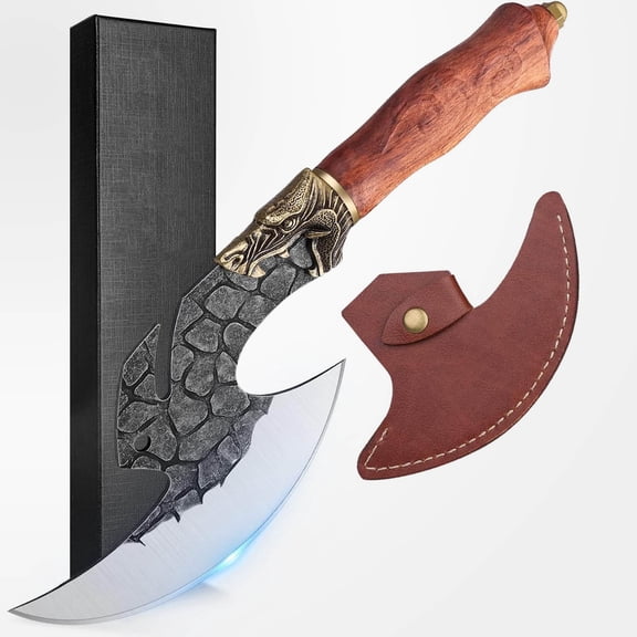 Viking Cleaver Knife Butcher Meat Cutting Boning Knife Hand Forged Chinese Kitchen Axe with Sheath for Home Outdoor BBQ Camping
