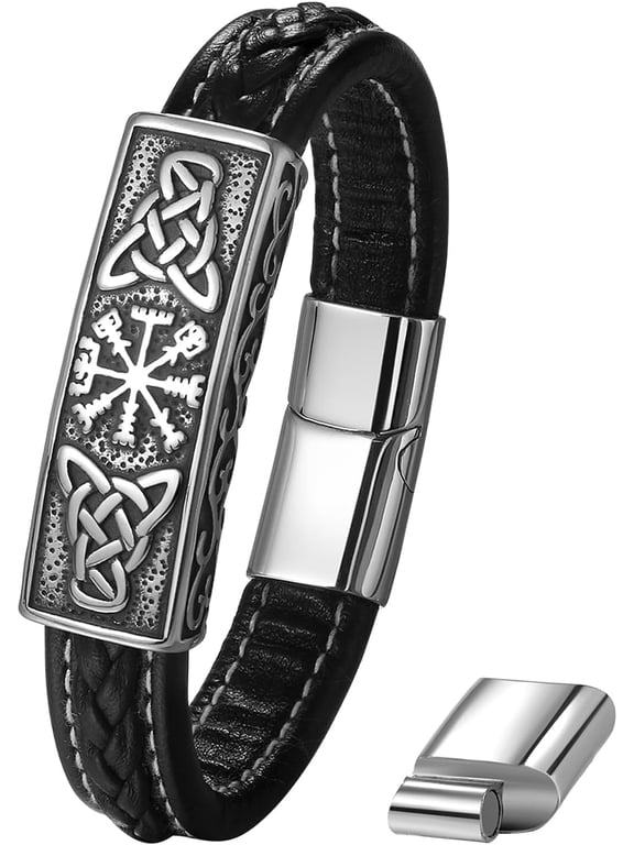 Viking Compass Leather Bracelet for Men: Norse Viking Celtic Knot Braided Stainless Steel Cuff Jewelry Gifts for Husband Father Son (With Adjustble Clasp)