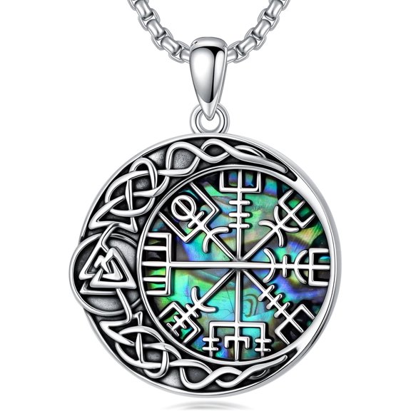 Viking Compass Necklace 925 Sterling Silver Vegvisir Pendant with Iridescent Abalone Shell, Celtic Knot Nordic Jewelry, Protective Amulet Talisman for Unisex Adults