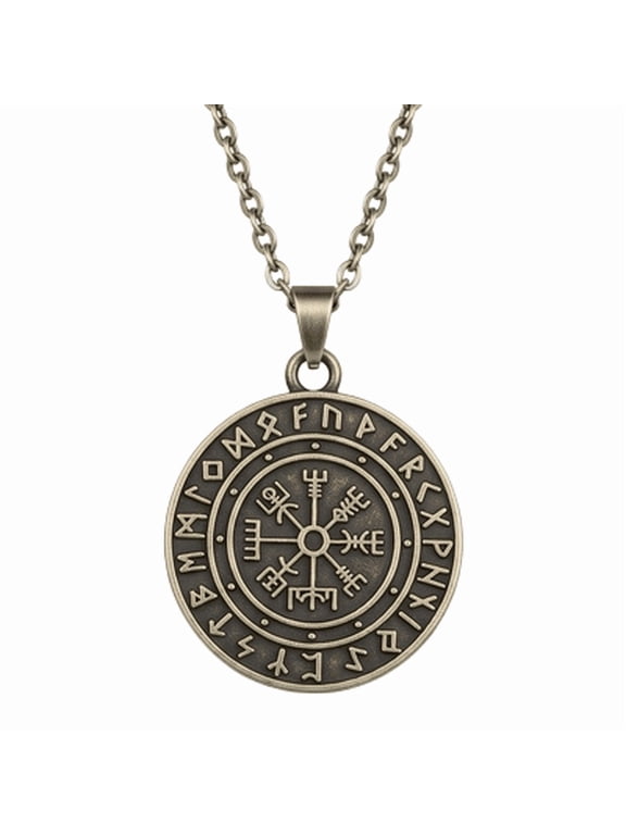 Viking Compass Pendant Necklace Stainless Steel 18 Inch Cable Chain Antique Bronze Runes Nordic Jewelry Gift Accessory