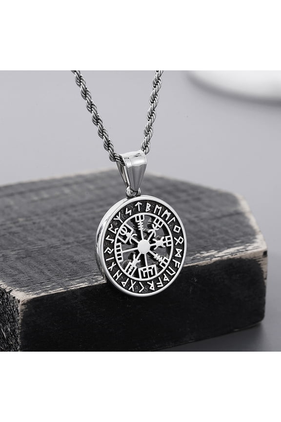 Viking Compass Rune 14K White Gold Pendant Necklace with European and American Style Men's Odin Logo Personalized Pendant