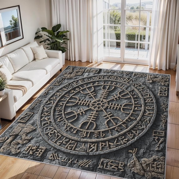 Viking Compass Vegvisir Area Rug, Norse Mythology Symbol Indoor Carpet, Washable Non Slip Low Pile Soft Thin Rug for Living Room Bedroom Home Decor Mat 5x8ft