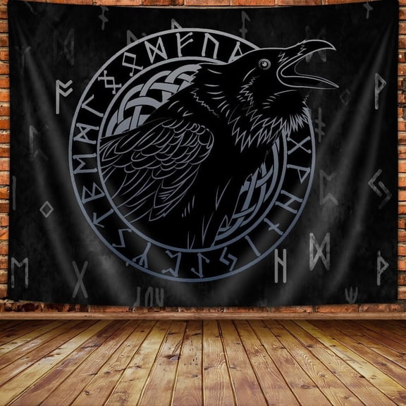 Viking Crow Tapestry Wall Hanging With Ravens And Norse Runes Psychedelic Boho Mandala Art Home Room Decor 80x60 in