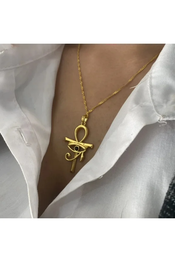 Viking Crystal EYE Cross Ankh 14K White Gold Necklace For Women Men Amulet Religion Punk Vintage Jewelry Evil Eye Golden Chains Necklaces
