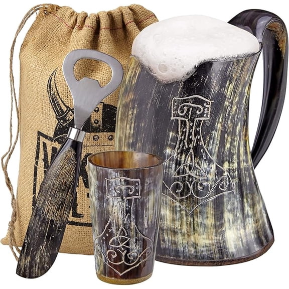 Viking Culture Ox Horn Mug, Shot Glass, and Bottle Opener (3 Pc. Set) Authentic 16-oz. Ale, Mead, and Beer Tankard Vintage Stein with Handle Custom Intricate Design - Natural Finish Thors Hammer