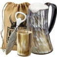 thumbnail image 1 of Viking Culture Ox Horn Mug, Shot Glass, and Bottle Opener (3 Pc. Set) 16-oz Vintage Stein with Handle | Polished Finish | Diagonal Stripes, 1 of 3