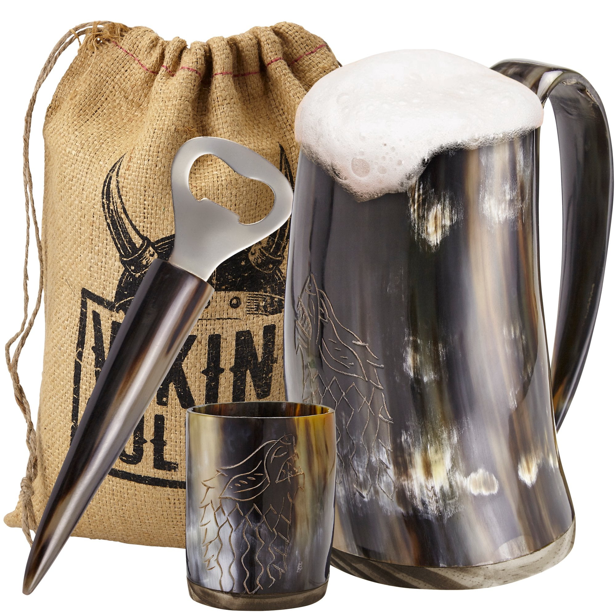 16 oz Polished Ox Horn Mug with Shot Glass and Bottle Opener Set