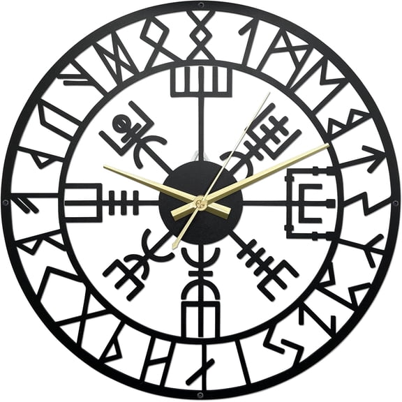Viking Decor Wall Clock 13.6x13.6 Inches, Norse Pagan Decorative Clocks for Walls,Viking Gifts for Men, Nordic Wall Clocks for Living Room Decor, Black