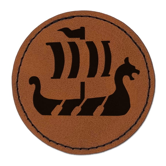 Viking Dragon Headed Longboat Ship with Sails 2.5" Faux Leather Round Engraved Iron-On Patch - Brown