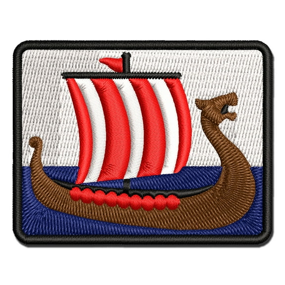 Viking Dragon Longboat Ship Applique Multi-Color Embroidered Iron-On Patch - 2.0 Inch Mini