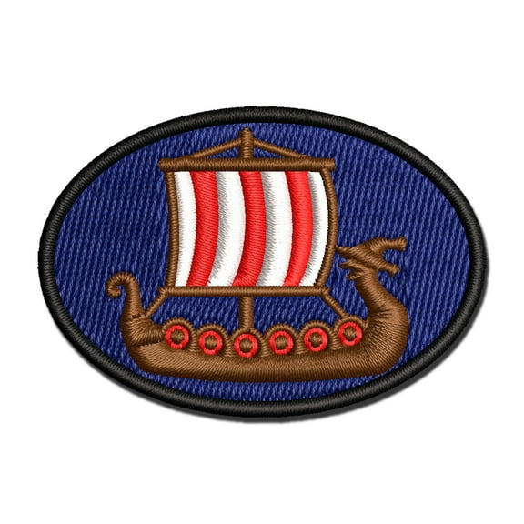 Viking Dragon Longship with Striped Sail Applique Multi-Color Embroidered Iron-On Patch - 3 Inch Medium