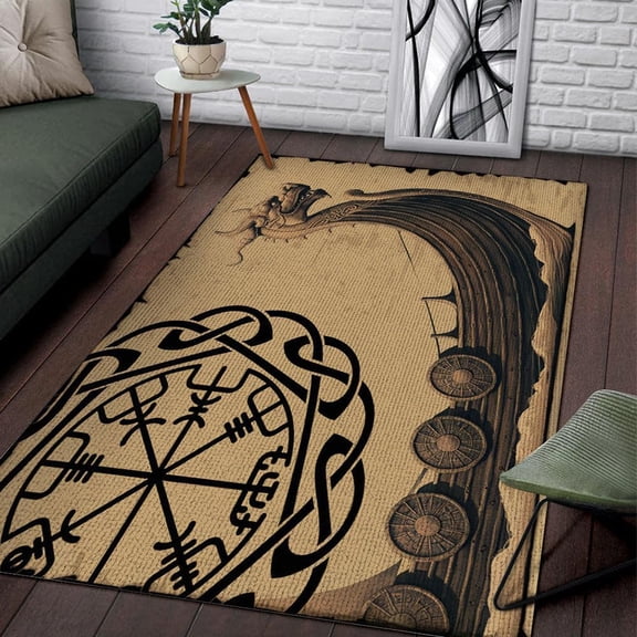 Viking Dragon Ship Pattern Carpet Rectangle Area Rug, Modern Area Rug for Sofa & Tv Room, Stain‑resistant, Fade‑resistant, Contemporary Decorative Rug, Anti‑curl Edges, Lay Flat