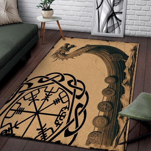 Viking Dragon Ship Pattern Carpet Rectangle Area Rug, Soft Rug for Entryway & Hallway, Durable, Kid & Pet Friendly, Boho Chic Accent Rug, Colorfast Print, Long‑lasting