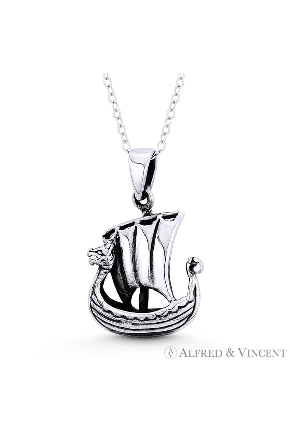 Viking Dragonship Seafarer Charm Pendant & Chain Necklace in Oxidized .925 Sterling Silver