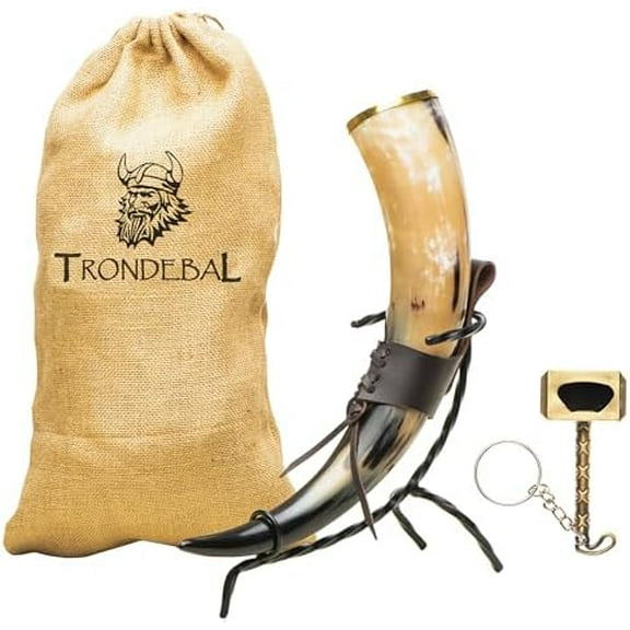 Viking Drinking Horn with Metal Stand (15-20 oz) - Hand-Crafted Mead Cup for Medieval Decor