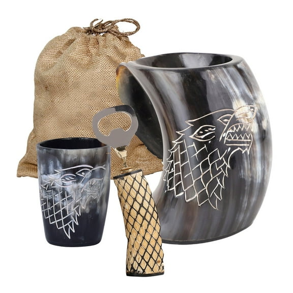 Viking Drinking Horn Mug and Drinking Horn With Stand 16 oz Genuine Handcrafted Cup for Mead, Wine, Ale, Water and Beer Tankard 2 Pcs Set Thor Horn & Dire Wolf Mug