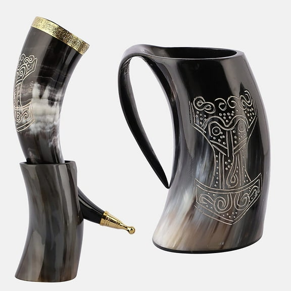 Viking Drinking Horn Mug and Drinking Horn With Stand 16 oz Genuine Handcrafted Cup for Mead, Wine, Ale, Water and Beer Tankard 2 Pcs Set Thor Horn & Thor Mug