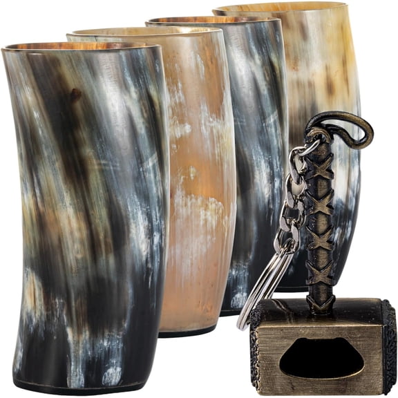 Viking Drinking Horn Mug Set of 4 Gifts for Men, Dad, Husband Unique Viking Gift Natural Ox Horn Cup with Opener For Beer, Ale, Mead (12-13 Oz/Glass)