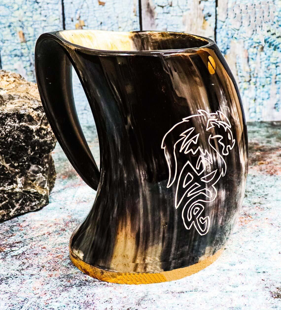 Viking Drinking Horn Mug Set Royal Wolf With Wooden Base Drinking
