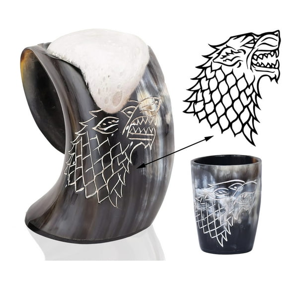 Viking Drinking Horn Mug With Whiskey Cup Authentic Medieval Ox Horn Norse Tankard Cup | Game of Thrones Cup for Beer Mead Wine Ale Tea, Coffee Alcohol Cold and Hot Liquids (Direwolf Engraved)