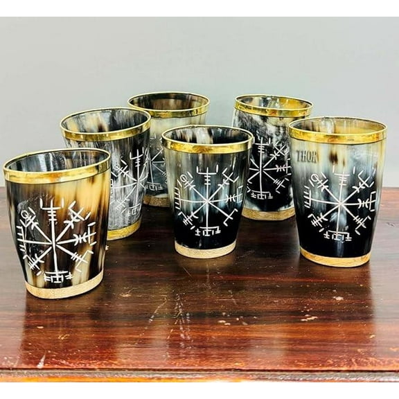 Viking Drinking Horn Mugs Set of 6, Natural Black Horn Shot Glasses | Unique Tumbler, Beer Gift for Men and Women, Handmade Goblet| Medieval Stein for Ale, Mead, Whiskey