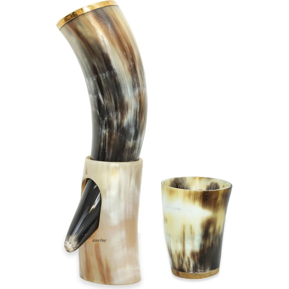 Viking Drinking Horn with Stand & Cup Norse Mead Horn Set with Carved Flame Design Includes Burlap Gift Bag Medieval Ale Mug for Reenactments, Festivals, or Gifts (Royal Style 5)