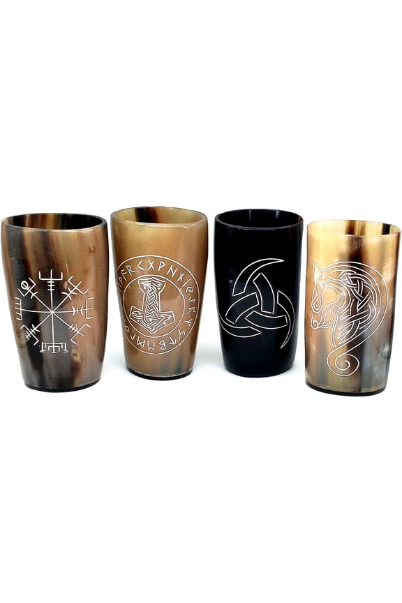 Viking Drinking Horn Tumblers Set of 4  Handmade Cups for Wine Beer Ale - Safe and Unique Drink Cup. Norse Drinking Beer Mug with 8-10oz Capacity Best Choice of Theme Party Made From Real Ox Horn