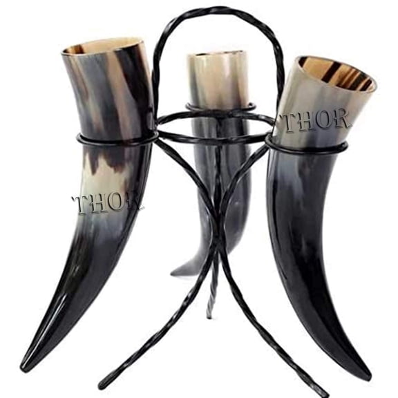 Viking Drinking Horns with Metal Stand for Men and Women Genuine Handcrafted Set of 3