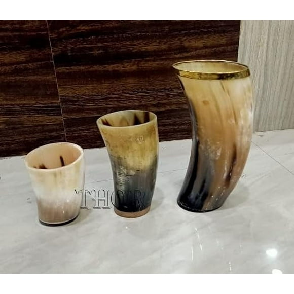 Viking Drinking Ox Horn Mug for Hot & Cold Drinks with Shot Glass/Food Grade Medieval Style Man's Beer & Mead Cup Handmade Gift Rustic Vintage Home Decor Gifts